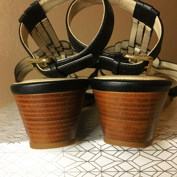 COLE HAAN "Findra" Black Leather Woven Slide Wedge Sandal | Size 9B - Picture 8 of 15